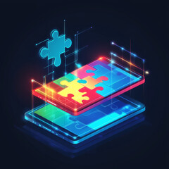 Wall Mural - a concept illustrating mobile web app development, featuring a smartphone with a puzzle-like user in