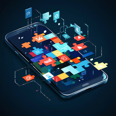 A concept illustrating mobile web app development, featuring a smartphone with a puzzle-like user interface (UI) design. The screen displays various pieces of the puzzle, representing different compon