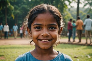 Wall Mural - Close portrait of a smiling Sri Lankan female kid looking at the camera, Sri Lankan outdoors blurred background