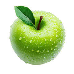 Fresh red apple with water droplets and green leaf isolated on transparent background.