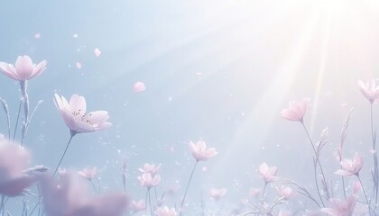 Wall Mural - Soft Pink Flowers Under Gentle Light with Delicate Petals and a Serene Blue Background Perfect for Tranquil Nature Themed Designs and Projects