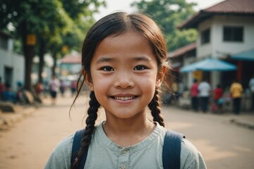 Close portrait of a smiling Vietnamese female kid looking at the camera, Vietnamese outdoors blurred background