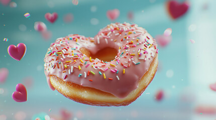 Wall Mural - Heart-shaped donut with colorful sprinkles and floating hearts