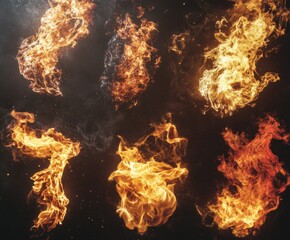 Wall Mural - Dynamic Flames in Various Shapes and Patterns Captured Against a Dark Background, Perfect for Visual Effects, Backgrounds, and Creative Projects