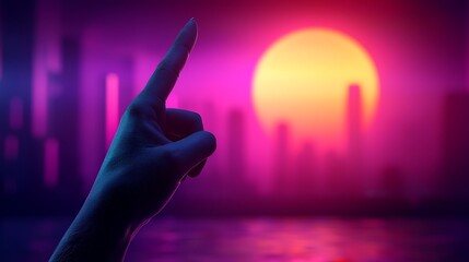 Wall Mural - Vibrant Sunset Over City Skyline with Hand Pointing Towards Sunset, Symbolizing Hope and New Beginnings in a Dreamlike, Colorful Atmosphere