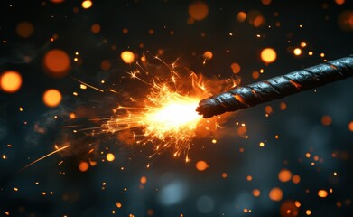 Wall Mural - Close-Up View of a Sparkler Firing Bright Sparks Against a Dark Background, Capturing the Intense Glow and Electric Energy of Fireworks Display