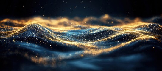 Wall Mural - Abstract shimmering waves of golden light and dark blue colors creating a mesmerizing ocean-like texture against a soft blurred background for creative designs