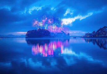 Wall Mural - Stunning Fireworks Display Over Serene Lake Island During Nighttime, Colorful Reflections Illuminating Dark Sky with Dramatic Cloud Formation