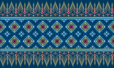 Wall Mural - Ethnic Ikat fabric pattern, abstract blue background, designed for printing on fabric, curtains, wallpaper, book covers.