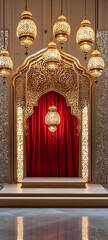 Wall Mural - An elegant, traditional podium with intricate gold detailing and red silk, framed by hanging lanterns and empty space for showcasing products in the front.