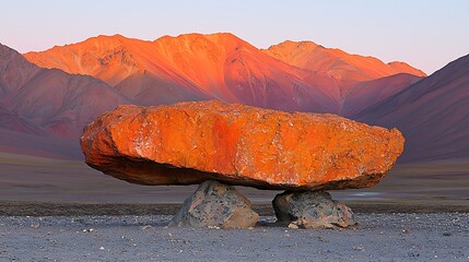 Wall Mural - Majestic Orange Rock Formation Beneath Majestic Mountains at Dawn in a Vast Desert Landscape: Nature's Artistry Captured in Striking Colors
