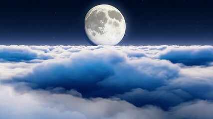 Poster - The full moon casts a gentle glow over fluffy clouds, illuminating the night sky. Stars twinkle in the backdrop, enhancing the serene ambiance of the scene.