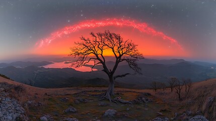 Wall Mural - Majestic Sunset Over Serene Landscape with Silhouette of a Lone Tree and Starry Sky, Creating a Dreamy Atmosphere of Natural Beauty and Tranquility