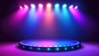 © FACTORY GRAPHICA  - Center Stage: A circular stage illuminated by vibrant pink, blue, and purple spotlights, creating an electrifying atmosphere for a grand performance or a product reveal.