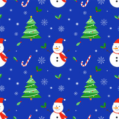 Wall Mural - Christmas seamless pattern.Repeat pattern with snow man, candy cane, snowflakes and leaves isolated on blue background.Vector graphic illustration wallpaper.