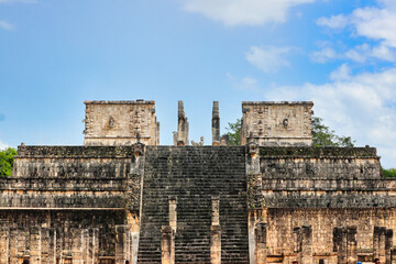 Temple of Warriors with the famous Chac Mool statue on top,dedicated to the rain god at the temple complex of  Chichen Itza,masterpiece of the Maya civilization,10th cent AD,Yucatan,Mexico