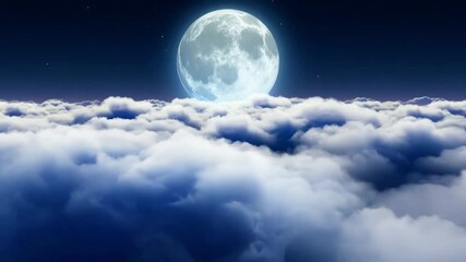 Aufkleber - The night sky reveals a large, glowing moon illuminating soft, white clouds, creating a peaceful and serene atmosphere above.