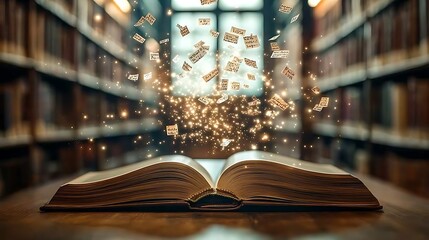 A book with letters flying out of it English word, Open book on hologram letters