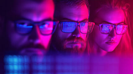 cyberpunk coders: focused team of programmers working late, illuminated by vibrant neon light reflec