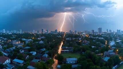 Wall Mural - Dramatic Lightning Strikes Over City Skyline at Night, Illuminating Urban Landscape with Flash of Light Amidst Dark Storm Clouds and Rain