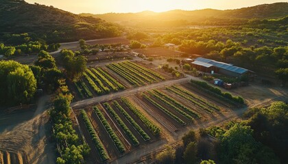 Fototapete - Aerial view of a vineyard at sunset, showcasing rows of grapevines and a rustic farm.