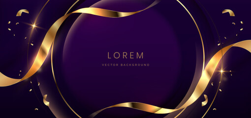 Wall Mural - luxury purple background. golden confetti banner and ribbon background.