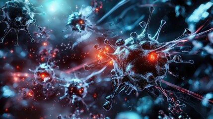 Wall Mural - an abstract visualization of tiny nanobots attacking and neutralizing viruses within a human body. u