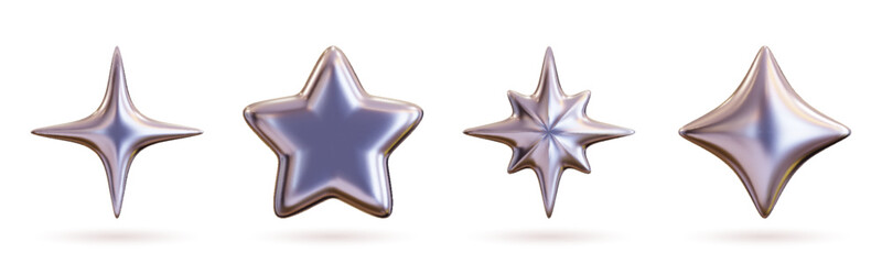 Wall Mural - set of 3d shapes in chrome, including a silver liquid star and a glossy heart sticker in a futuristi