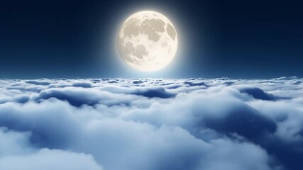 Poster - A luminous full moon casts its glow over a blanket of soft clouds, creating a tranquil atmosphere in the night sky. The scene evokes peace and calmness.