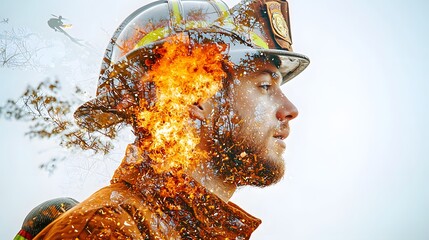 A man's face, with elements of a firefighter's helmet and jacket, merged with a burning plane. Double Exposure.[men]:[Fire drill] 