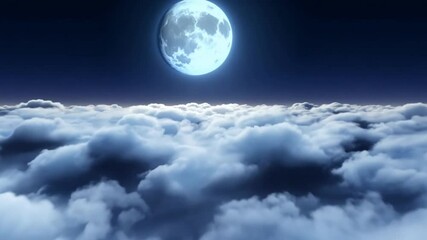 Aufkleber - A bright full moon casts its light across a sea of soft clouds under a deep blue night sky, creating a tranquil and enchanting atmosphere.