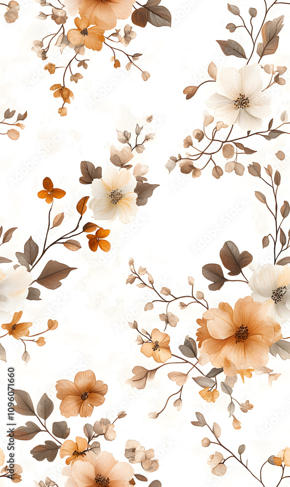 Floral flowers and beautiful colorful leaves wallpaper seamless pattern for interior decoration or background.