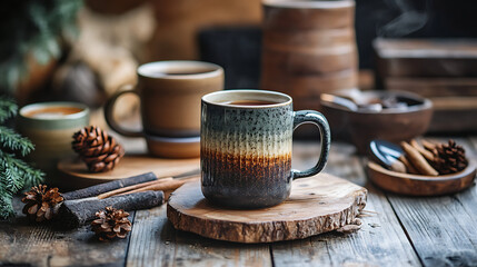 Wall Mural - A cozy setup featuring a collection of custom ceramic mugs filled with hot beverages, placed on a rustic wooden table 