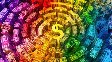 Wall Mural - an abstract composition of currency symbols in vibrant colors, arranged in a circular pattern, conve