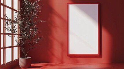 Wall Mural - Vertical blank photo frames mockup on red wall in minimal red room