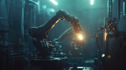 A digital rendering of a robotic arm welding in a dark industrial setting, with glowing light highlighting its precision, demonstrating advanced manufacturing technology