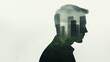 © CHOI POO - A Thoughtful Businessman Profile Silhouette Merging with Urban Skyline and Lush Greenery, Symbolizing Progress and Innovation in Modern Cityscapes