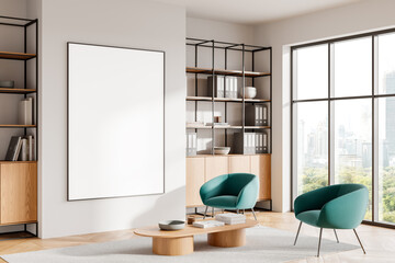 Wall Mural - Blank poster mockup in modern office with green chairs, shelves, and large window background. 3D Rendering