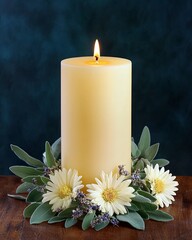 Wall Mural - A lit yellow candle surrounded by fresh flowers and greenery, creating a serene and calming ambiance.