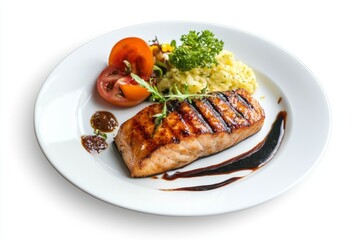 Wall Mural - Delicious grilled salmon on a plate. It is served with fresh vegetables and a light sauce. This dish is perfect for healthy eating. Generative AI