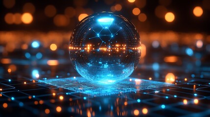 Fototapete - Futuristic Digital Sphere with Glowing Nodes on Circuit Board Background : Generative AI