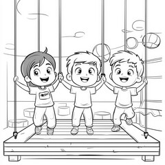 Canvas Print - A fun day at a trampoline park, coloring page for kids, simple outline illustration. Coloring book, simple lines.