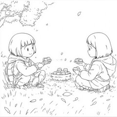 Canvas Print - A girl sharing sweets with her friends during hanami, anime coloring page for kids, simple outline illustration. Coloring book, simple lines.