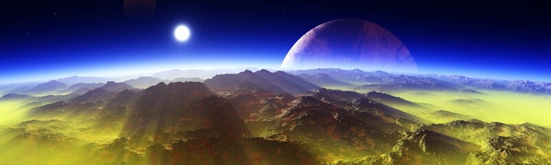 Wall Mural - fantasy landscape, alien surface at sunrise with satellites in orbit, 3d rendering