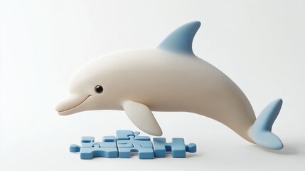 Aufkleber - A playful dolphin figurine next to blue puzzle pieces, evoking a sense of fun and creativity.