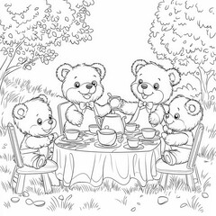 Sticker - A charming tea party with stuffed animals, coloring page for kids, simple outline illustration. Coloring book, simple lines.