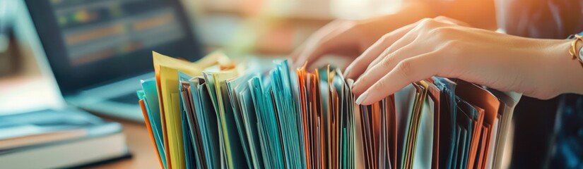 Poster - A person organizing colorful files on a desk with a laptop in the background.