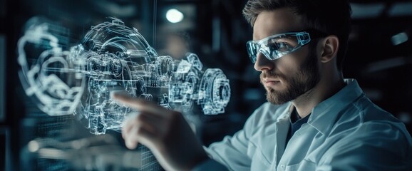 Poster - A scientist interacts with a holographic interface, showcasing advanced technology and innovation.