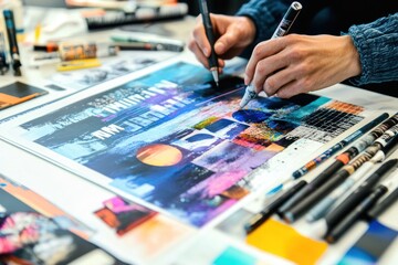 Poster - A person creating a colorful artwork using various pens and materials on a workspace.