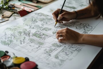 Poster - An artist meticulously coloring an architectural illustration on a large sheet of paper.